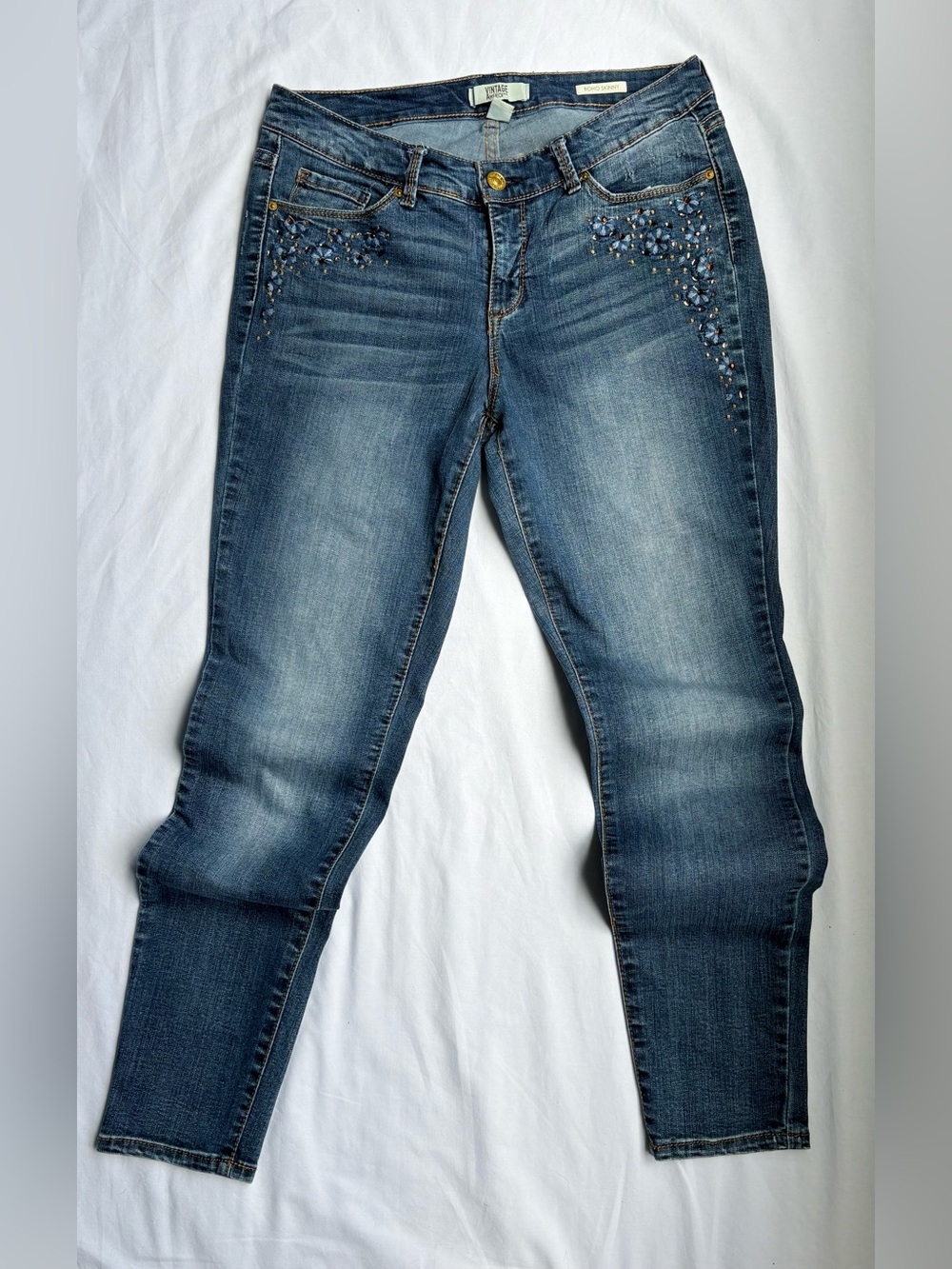Vintage America Blues Boho Skinny Jeans 8/29 Floral Embroidered Embellished
